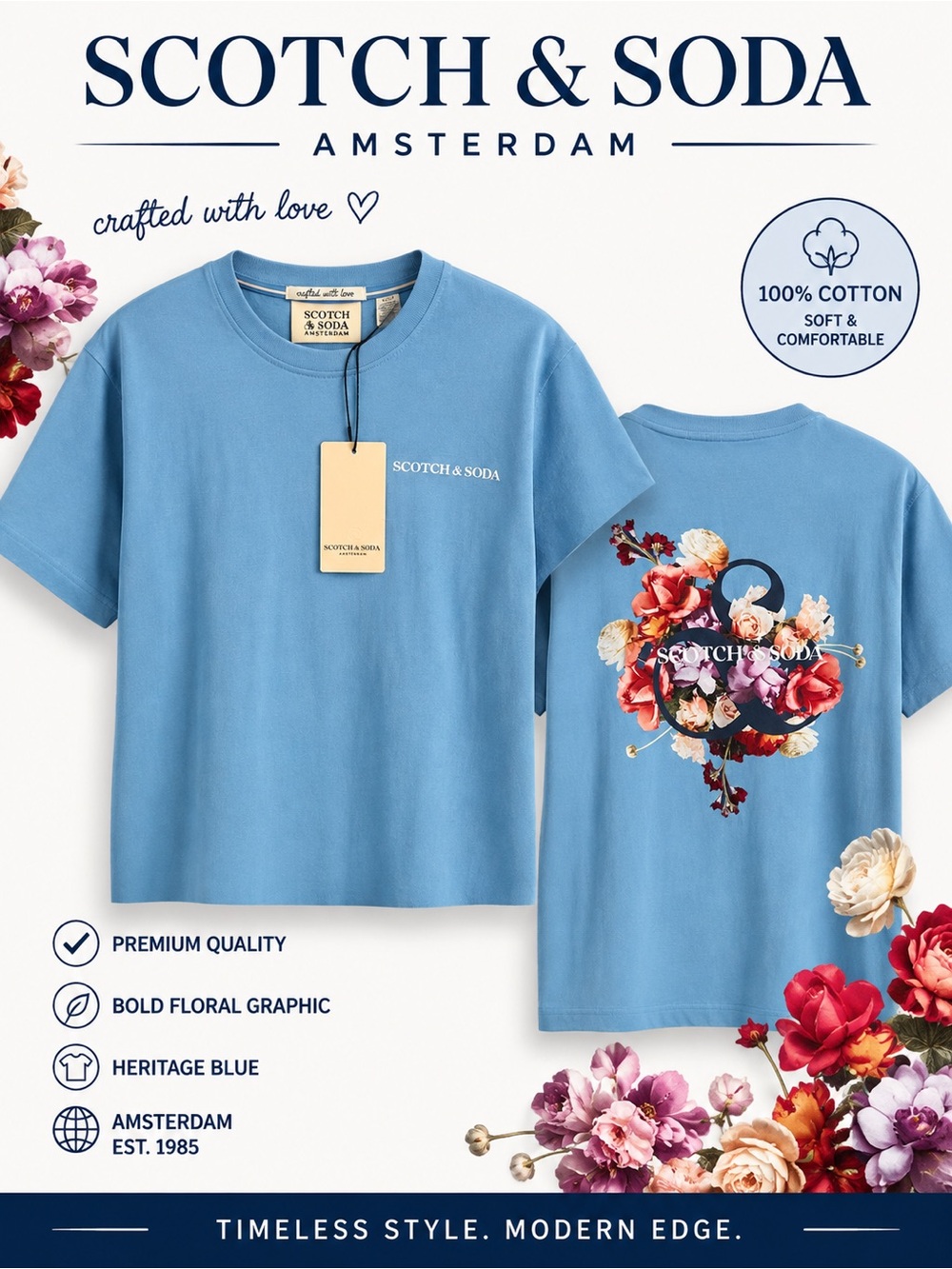 Scotch & Soda Amsterdam Men’s Graphic Tee Heritage Blue Floral Logo NWT Size L
